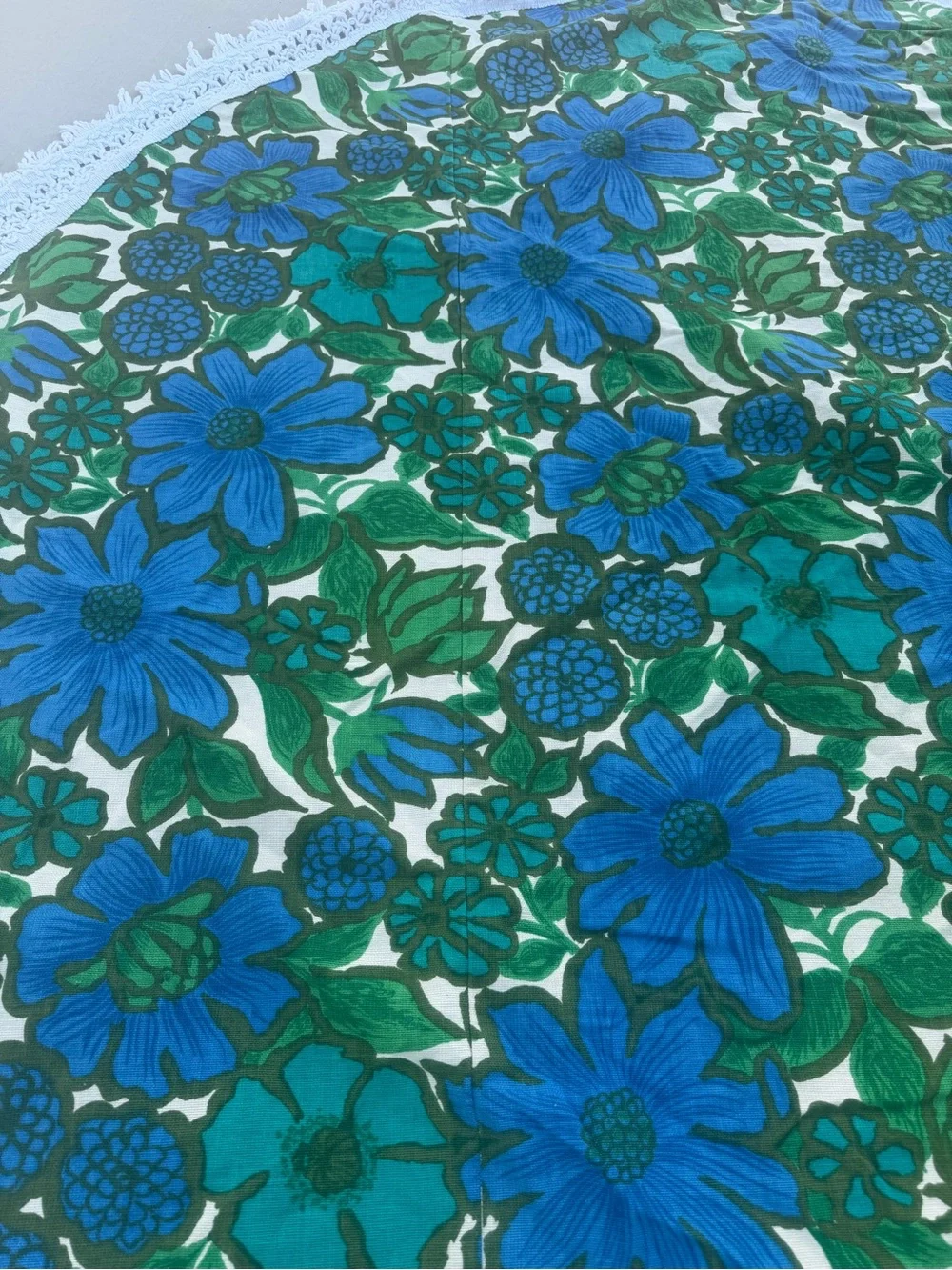 Vintage Retro Blue White Floral Round Tablecloth with Fringe Groovy